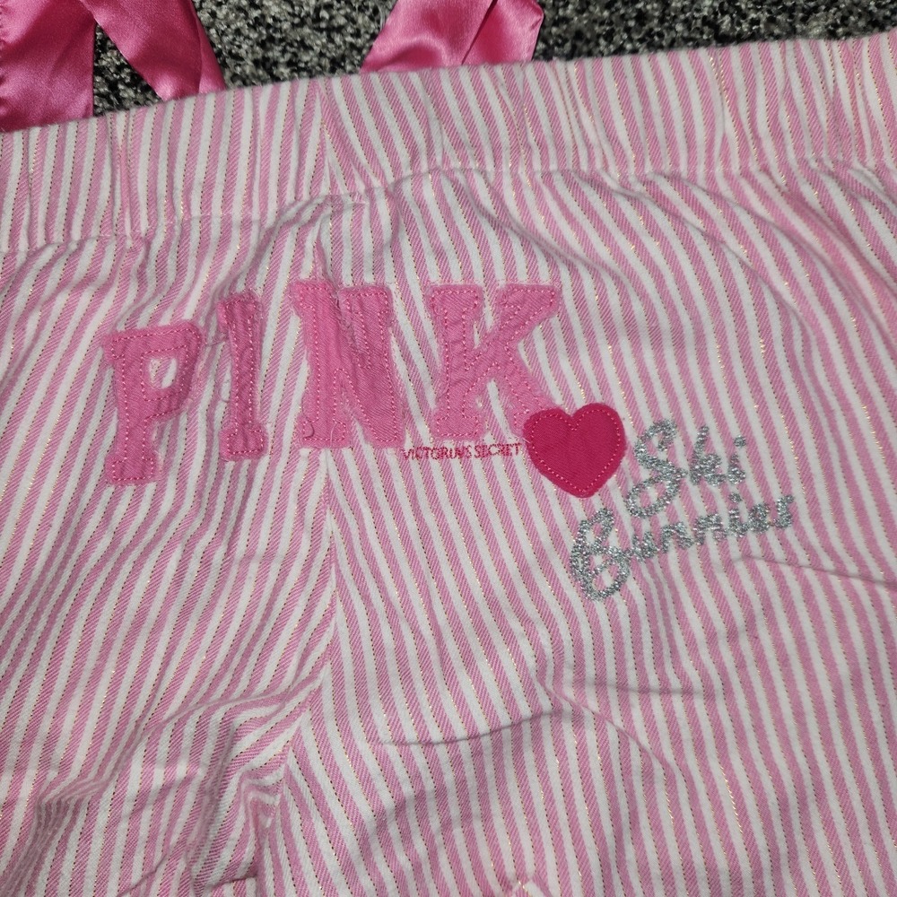 Y2k Vtg Victoria's Secret PINK Ski Bunnies Stripe Pajama Pants Pink Gold Women L - Picture 3 of 13